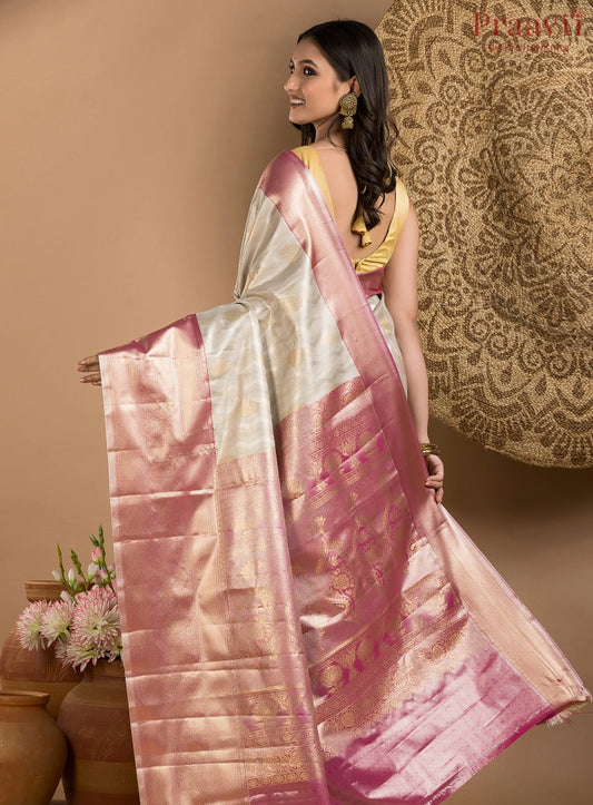 Cream & Pink Tissue Kanjeevaram Saree
