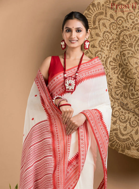 White Bengal Handloom Saree with Red Border