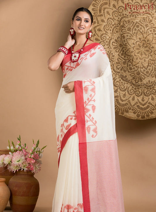 White Cotton Jamdani Saree with Red Border
