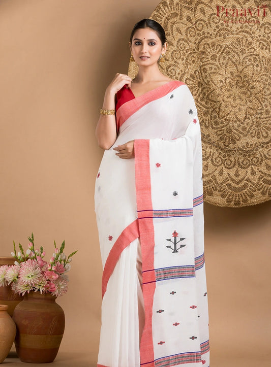 White & Red Cotton Jamdani Saree