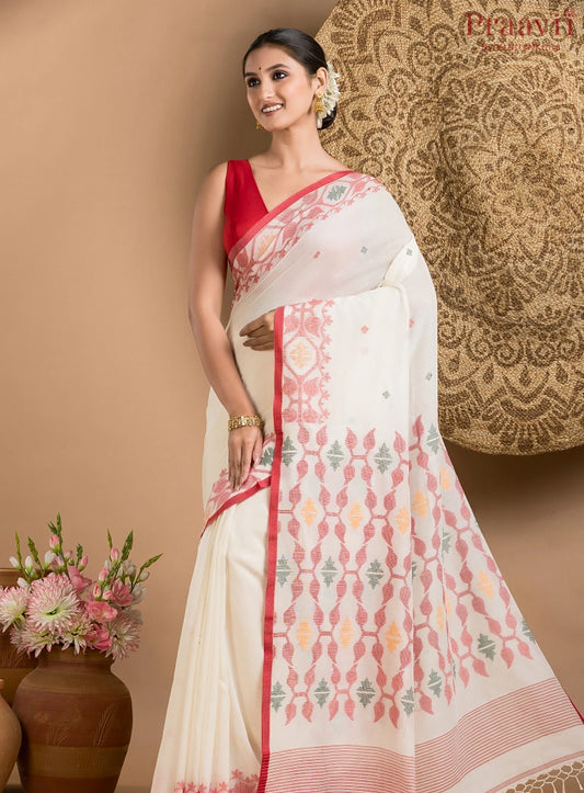 White Pure Jamdani Cotton Saree with Red Border