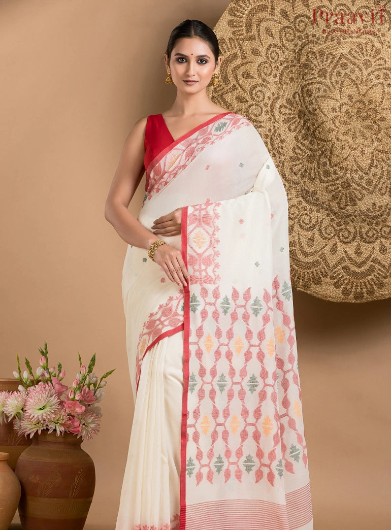 White Pure Jamdani Cotton Saree with Red Border