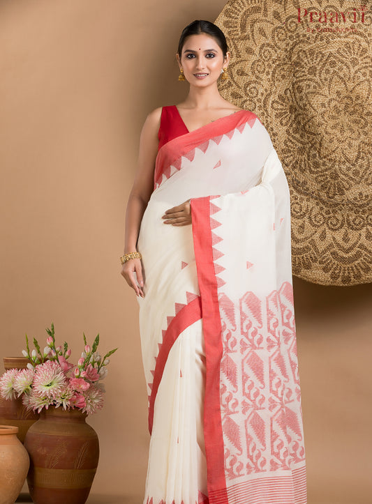 Classic White Cotton Jamdani Saree with Red Border