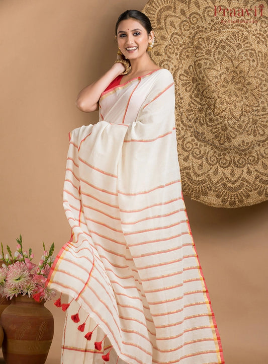 Off-White and Red Cotton Saree