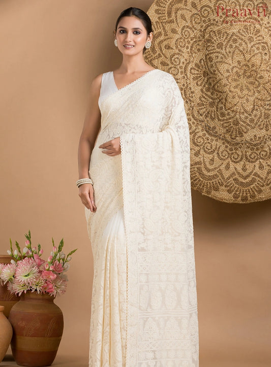 Off-White Georgette Chikankari Saree