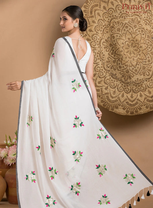 White Mul Cotton Saree with Black Border