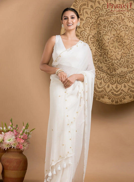 White Mul Cotton Saree with Zardosi Work