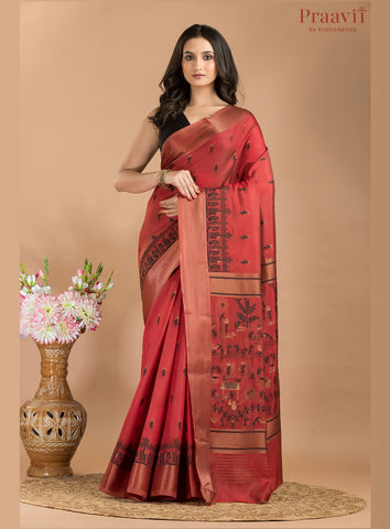 Maroon Semi Tussar Saree with Baluchari Motifs