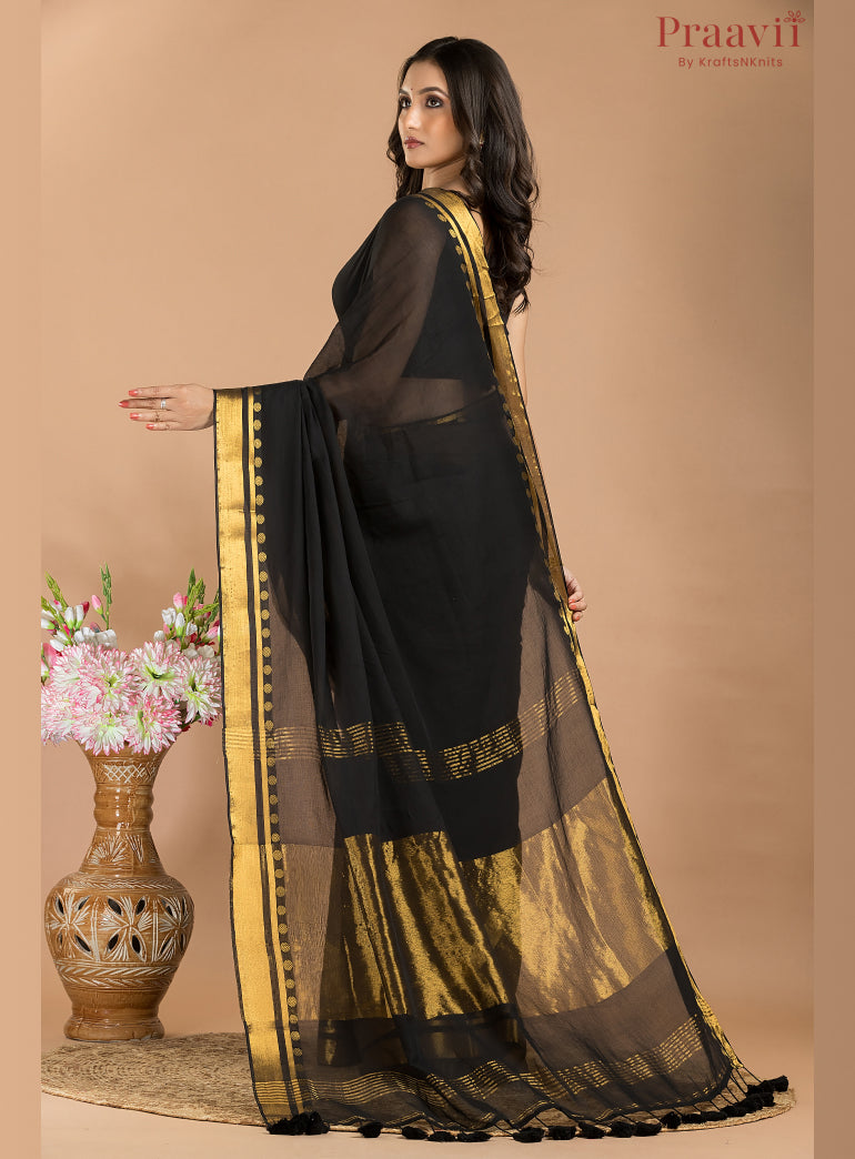 Black Mulmul Saree with Gold Border