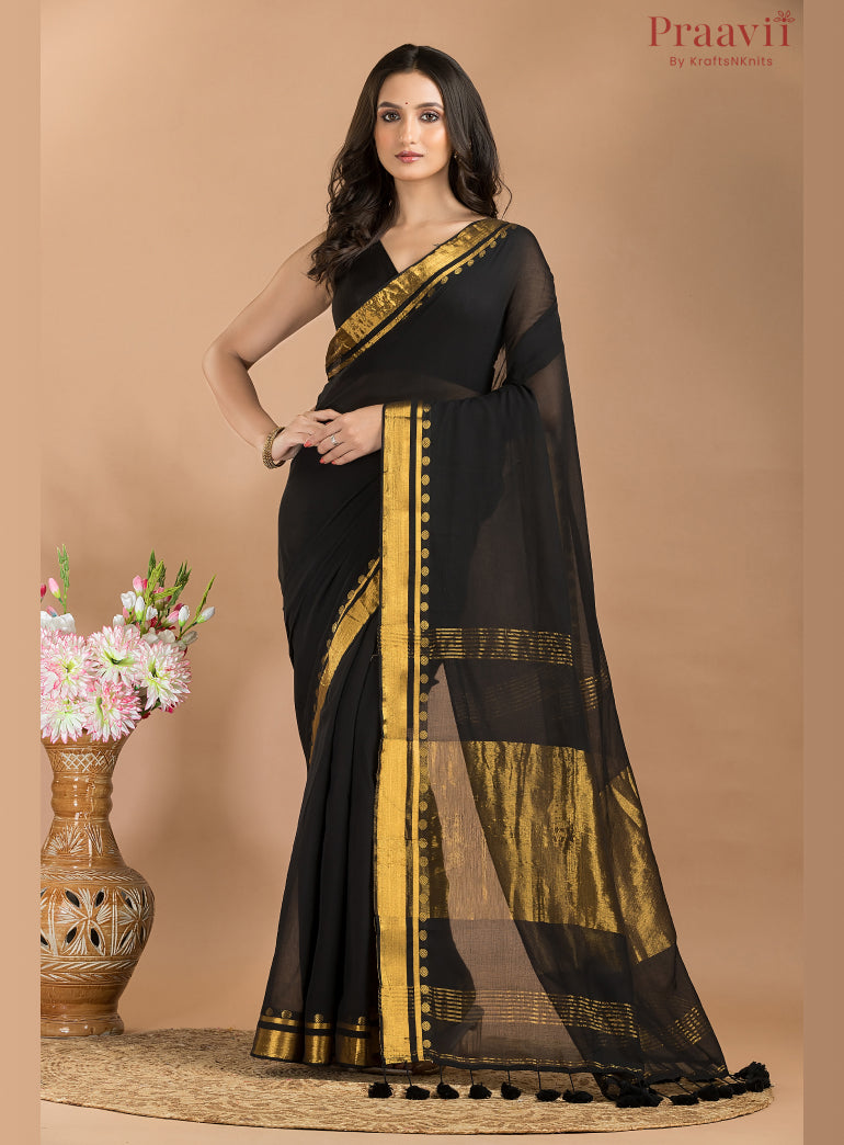 Black Mulmul Saree with Gold Border