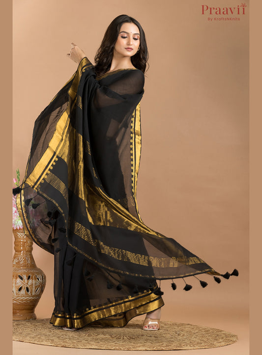 Black Mulmul Saree with Gold Border