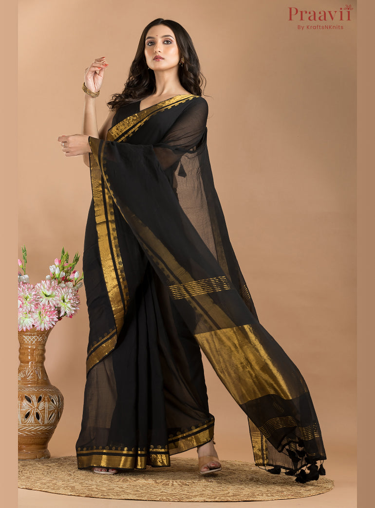 Black Mulmul Saree with Gold Border