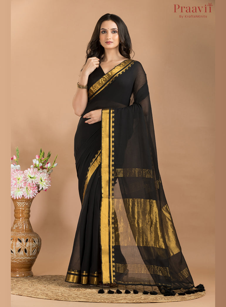 Black Mulmul Saree with Gold Border
