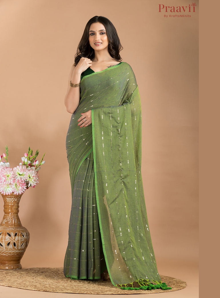 Marshy Green Mulmul Saree with Chain Sequins