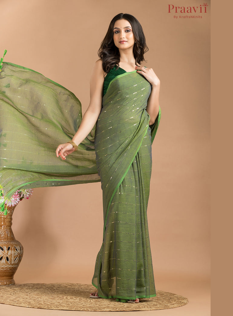 Marshy Green Mulmul Saree with Chain Sequins