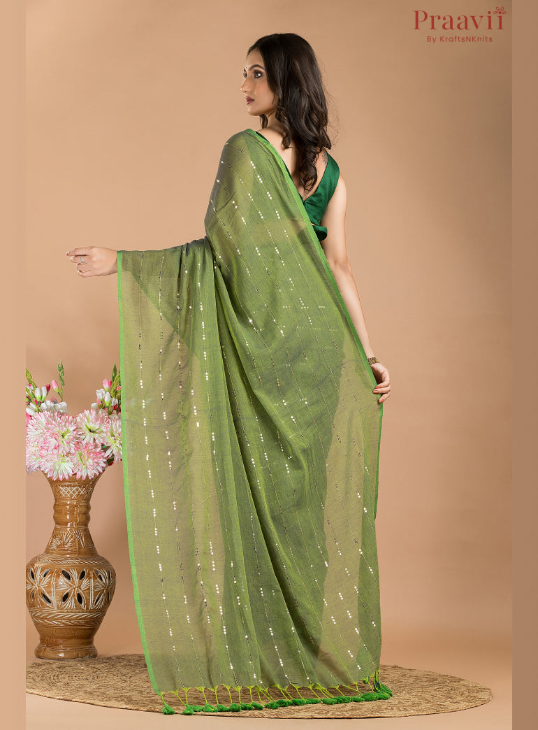Marshy Green Mulmul Saree with Chain Sequins