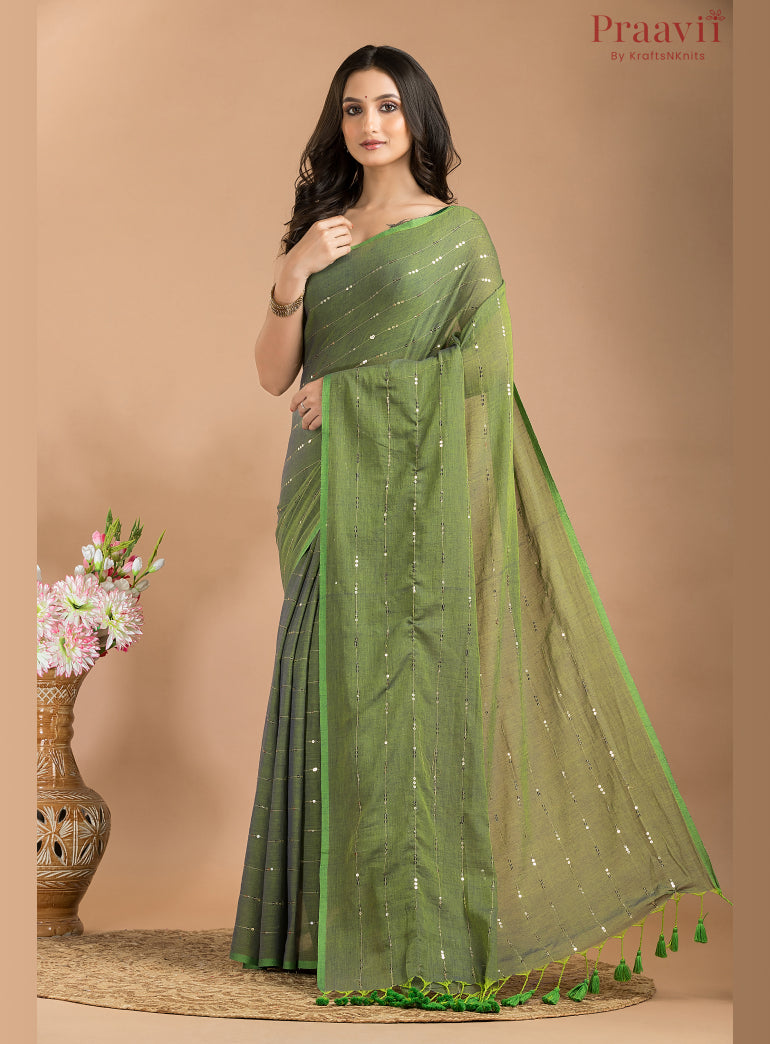 Marshy Green Mulmul Saree with Chain Sequins