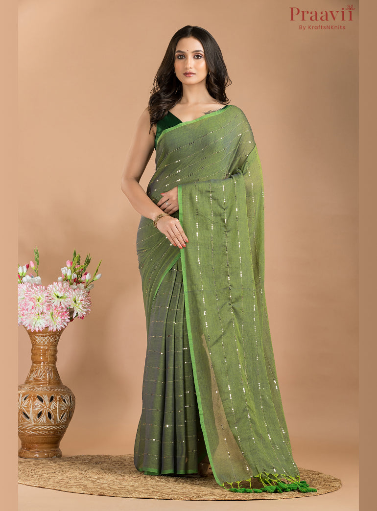 Marshy Green Mulmul Saree with Chain Sequins