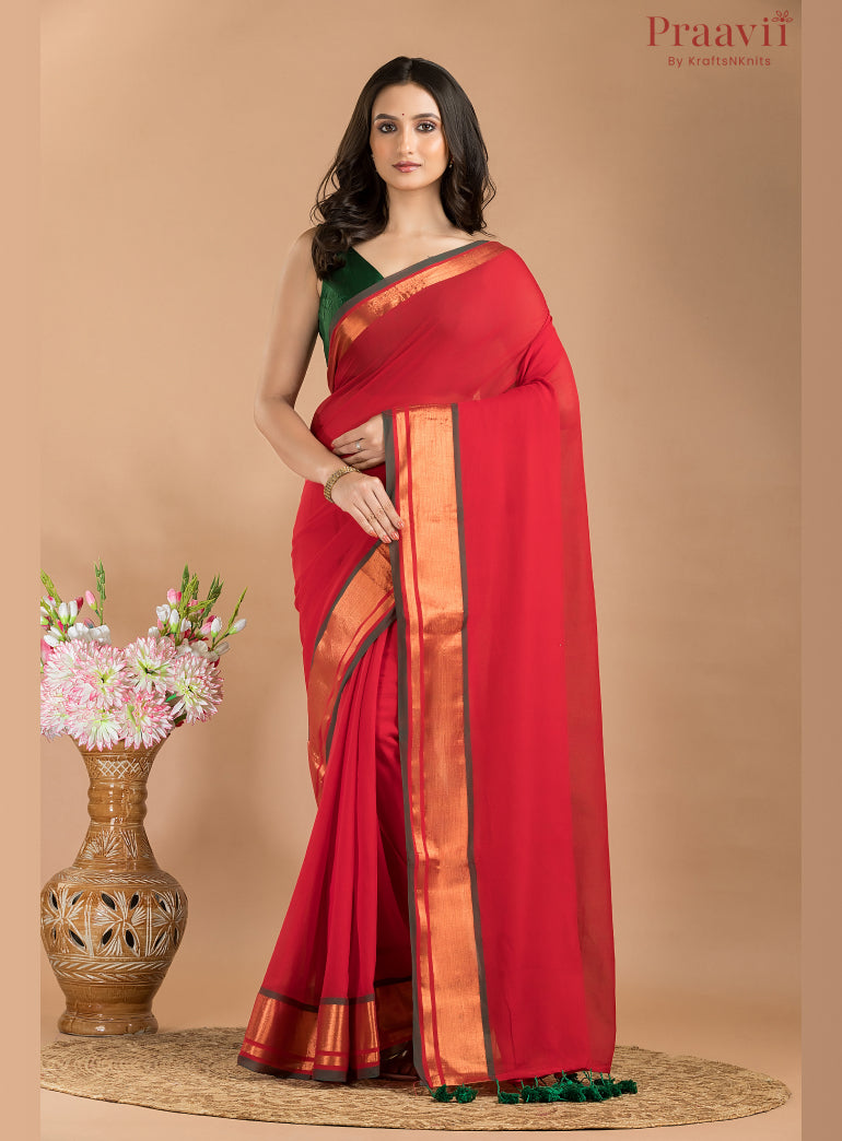 Red Mul Cotton Saree with Golden Border