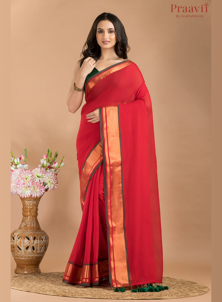 Red Mul Cotton Saree with Golden Border