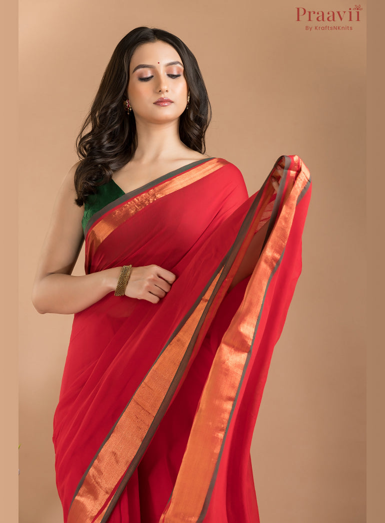 Red Mul Cotton Saree with Golden Border
