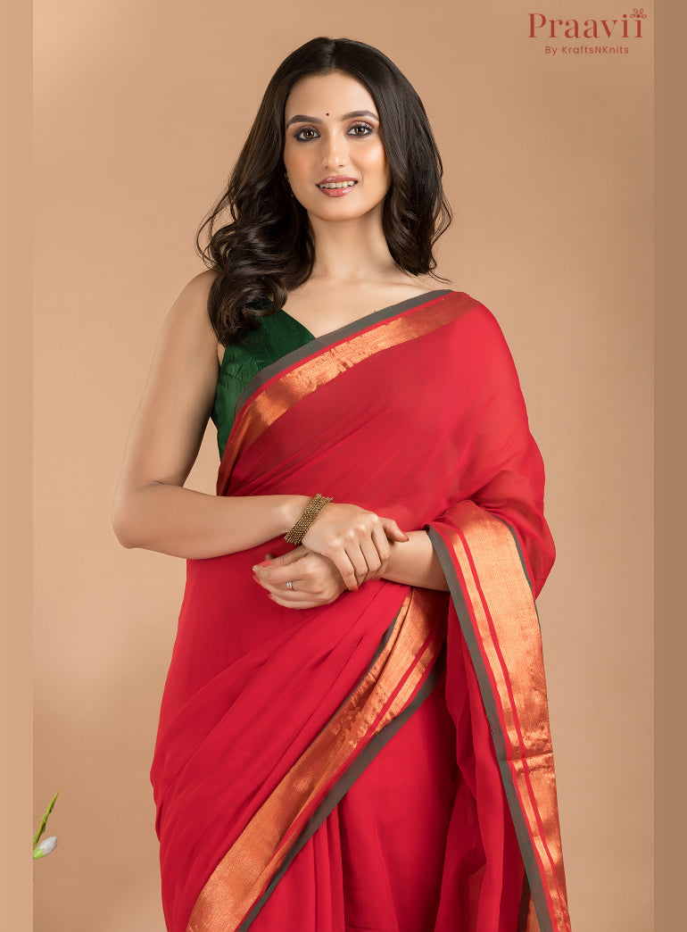 Red Mul Cotton Saree with Golden Border