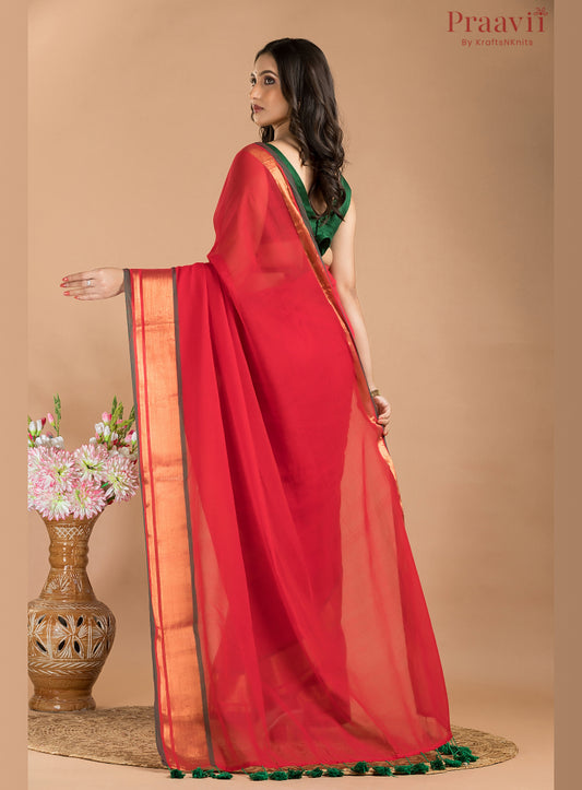 Red Mul Cotton Saree with Golden Border