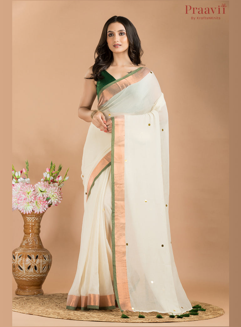 White Mul Cotton Saree with Gold & Green Border