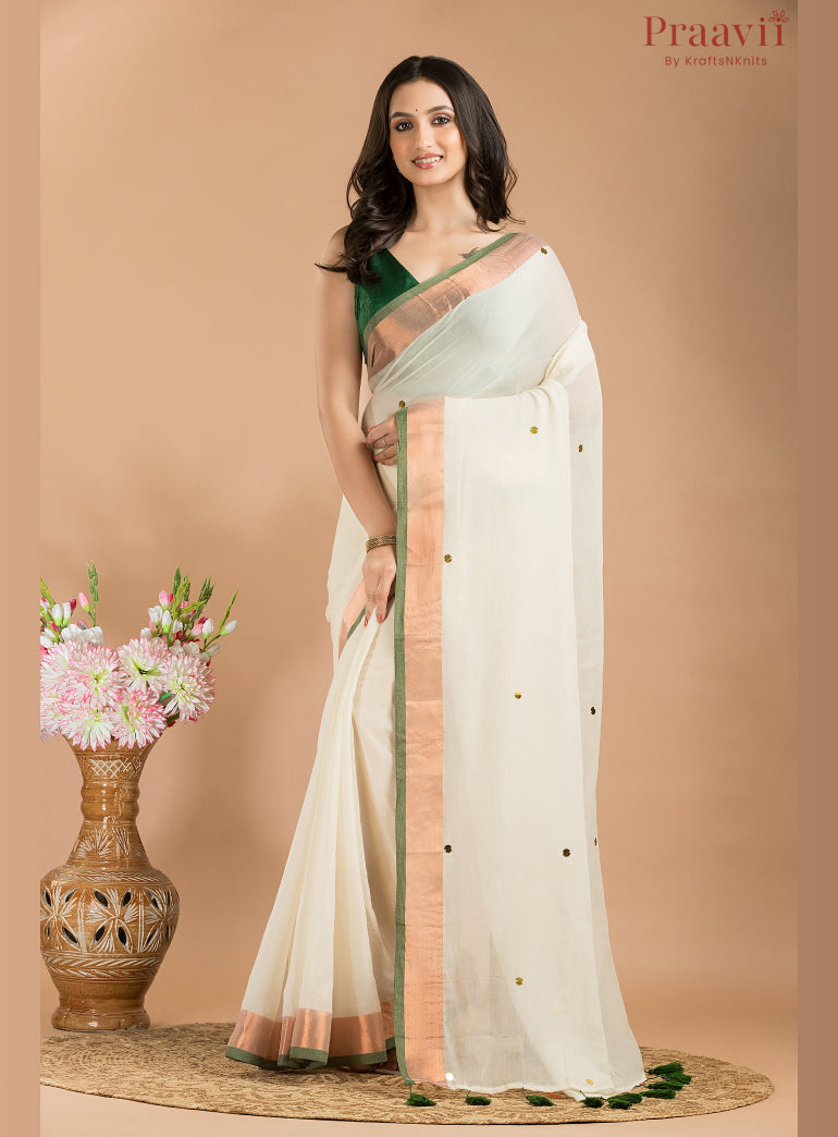 White Mul Cotton Saree with Gold & Green Border