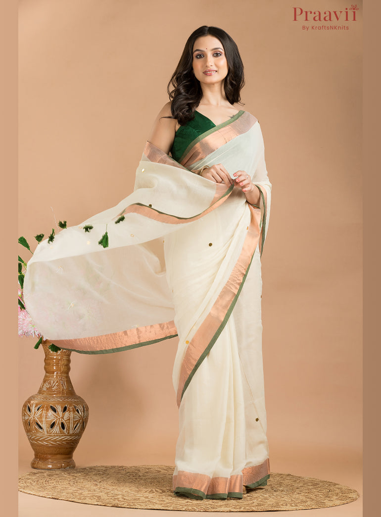 White Mul Cotton Saree with Gold & Green Border