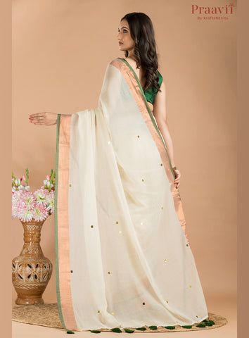 White Mul Cotton Saree with Gold & Green Border