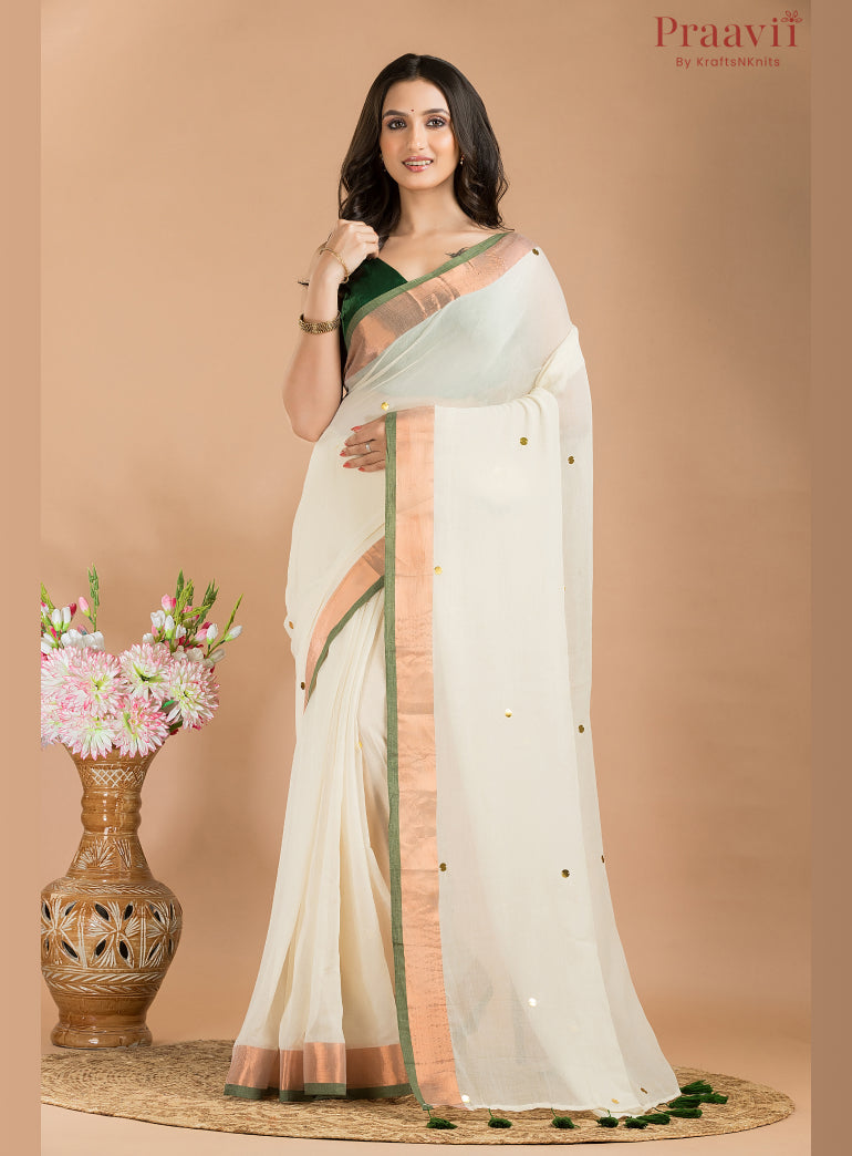 White Mul Cotton Saree with Gold & Green Border