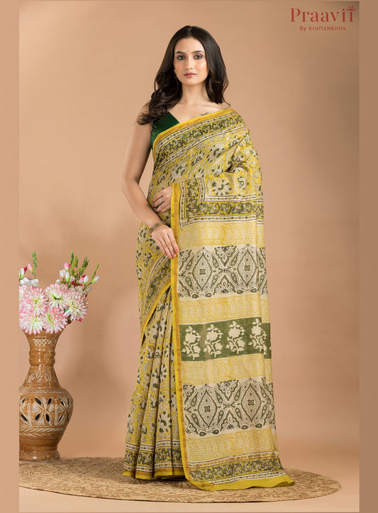 Yellow Chanderi Hand Block Print Saree