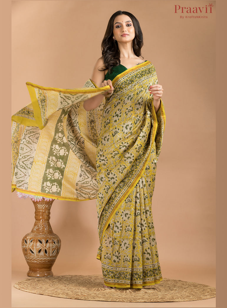 Yellow Chanderi Hand Block Print Saree