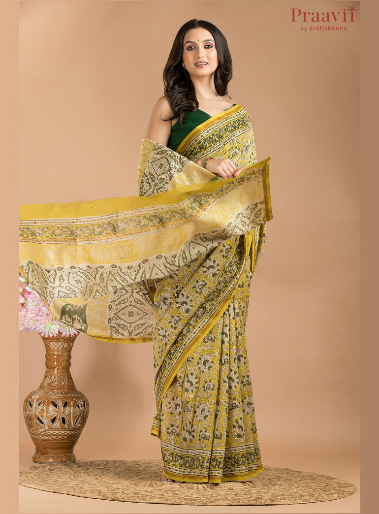 Yellow Chanderi Hand Block Print Saree