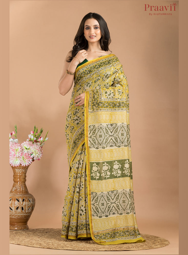 Yellow Chanderi Hand Block Print Saree