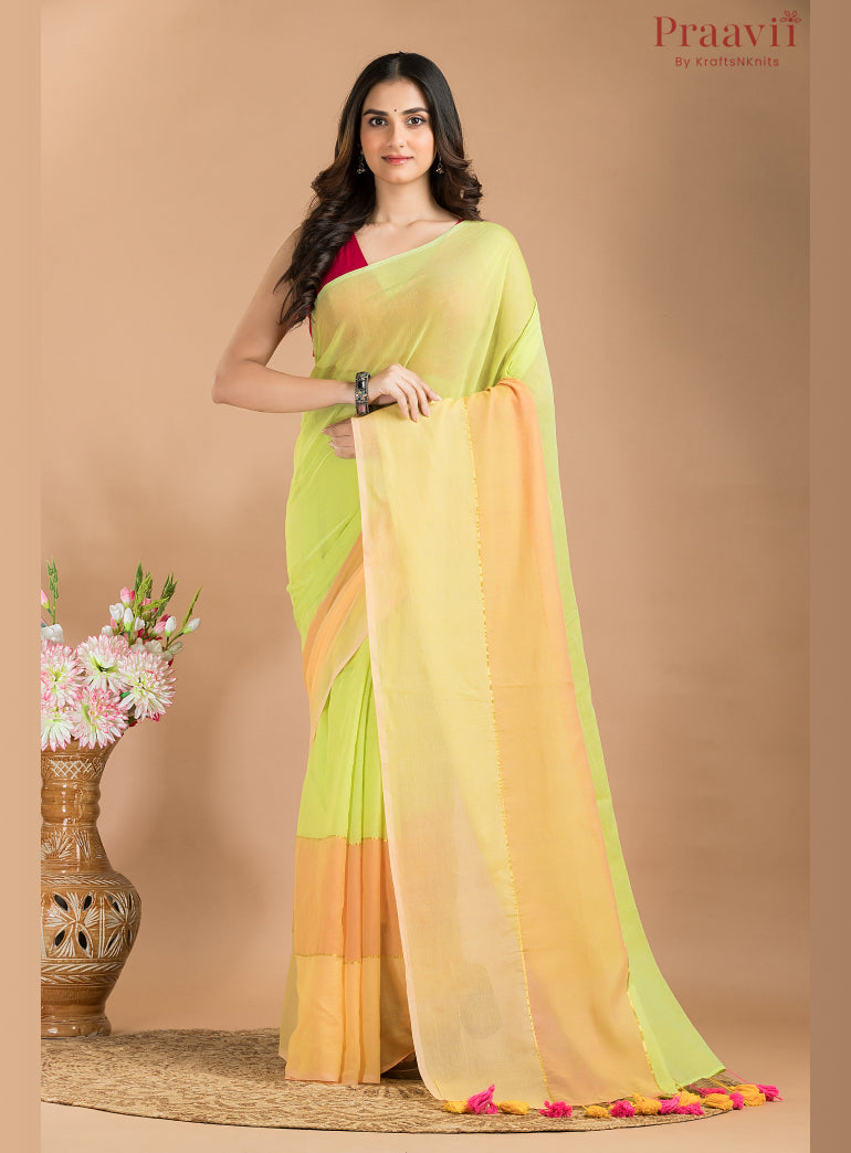 Greenish Yellow Mul cotton saree