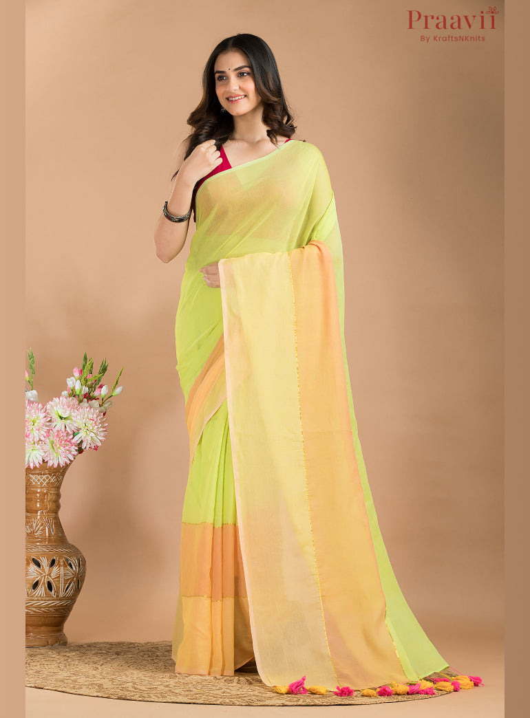 Greenish Yellow Mul cotton saree