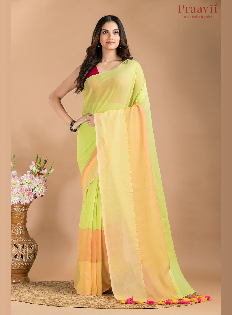 Greenish Yellow Mul cotton saree