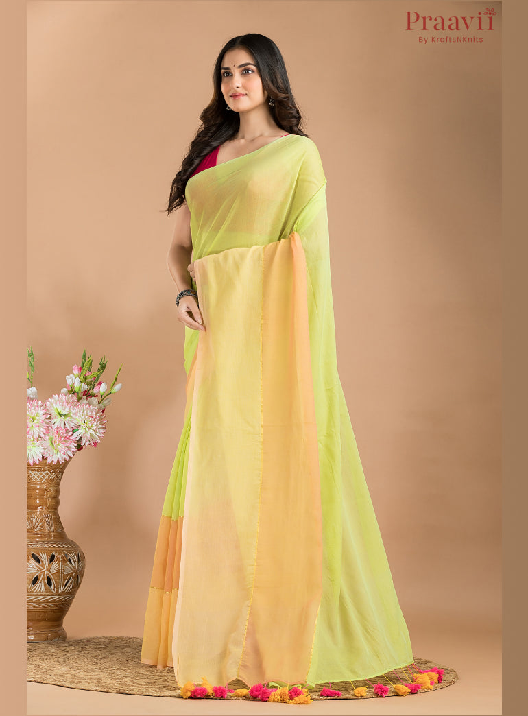 Greenish Yellow Mul cotton saree