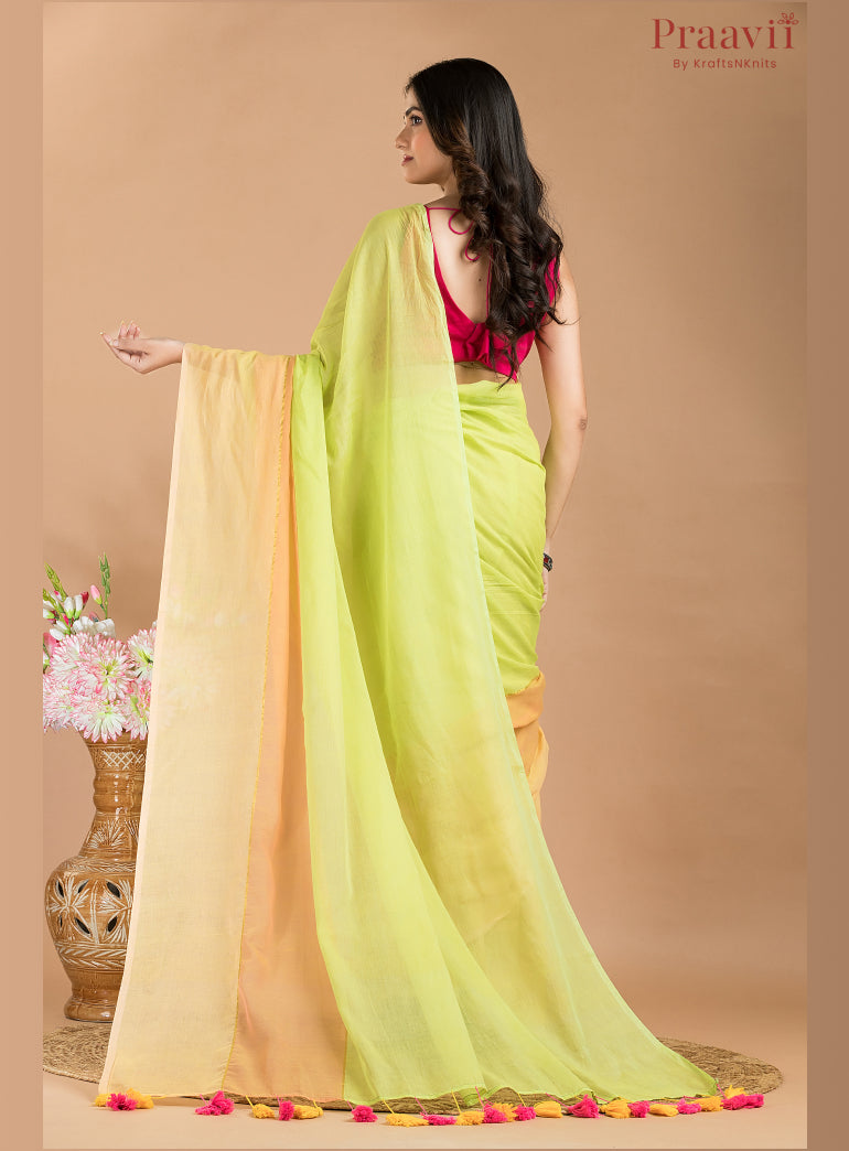 Greenish Yellow Mul cotton saree
