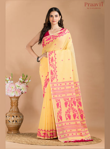 Yellow and Pink Soft Cotton Jamdani Saree