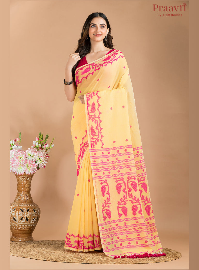 Yellow and Pink Soft Cotton Jamdani Saree