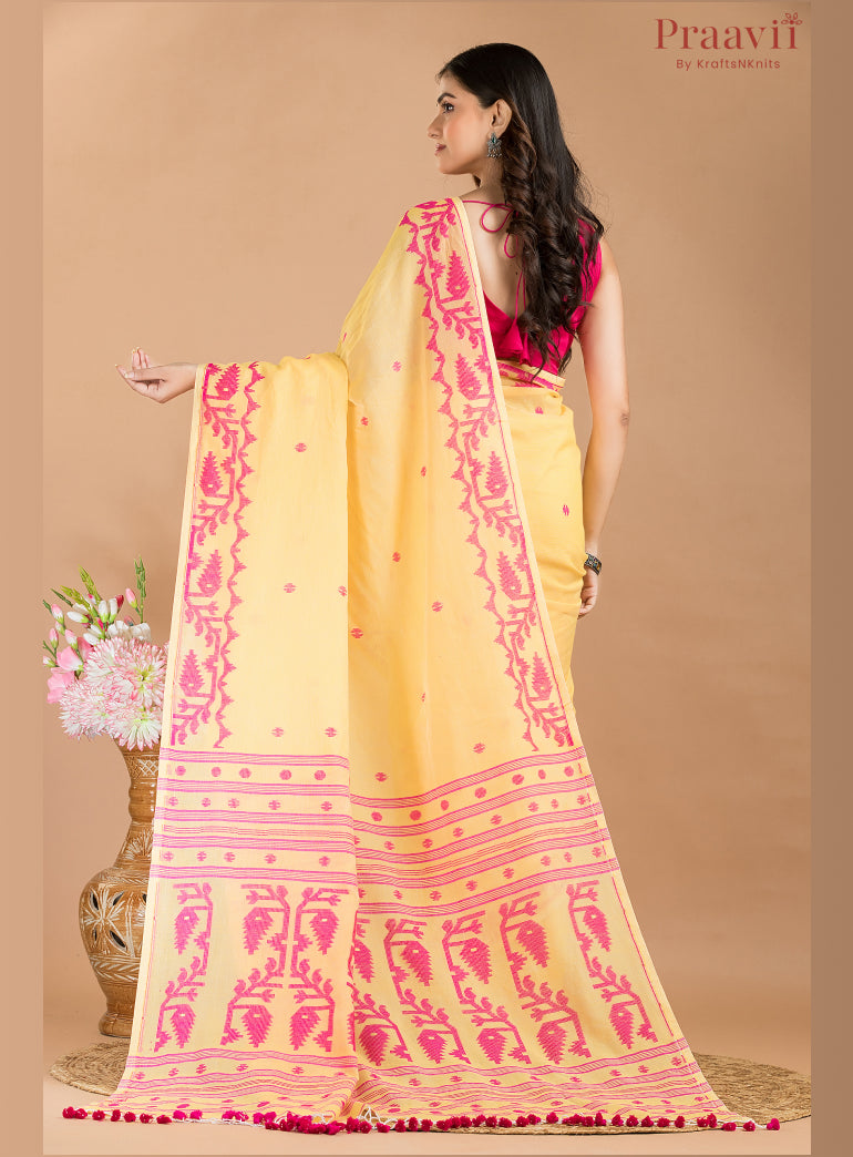 Yellow and Pink Soft Cotton Jamdani Saree