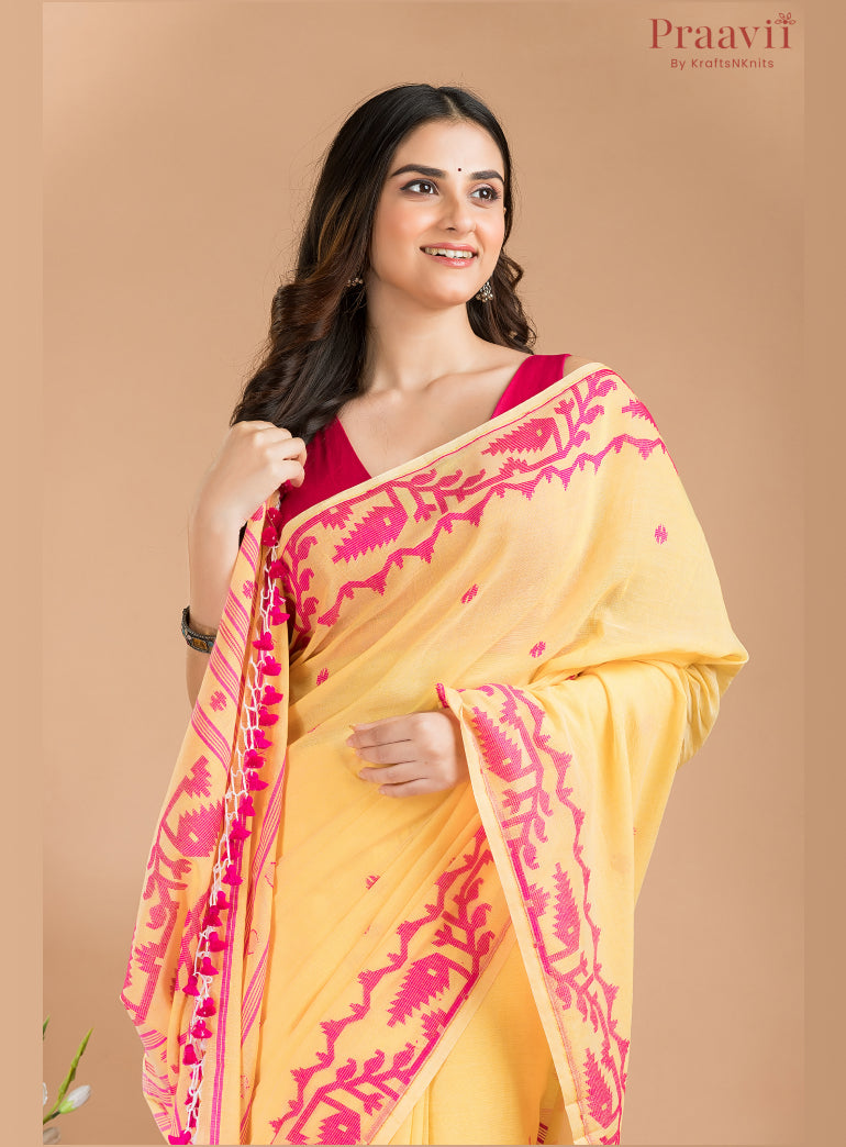 Yellow and Pink Soft Cotton Jamdani Saree