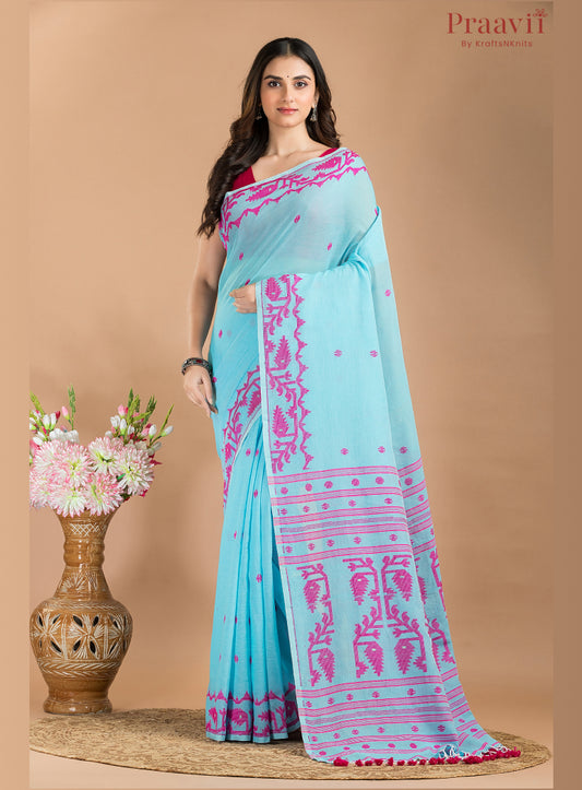 Blue and Pink Soft Cotton Jamdani Saree