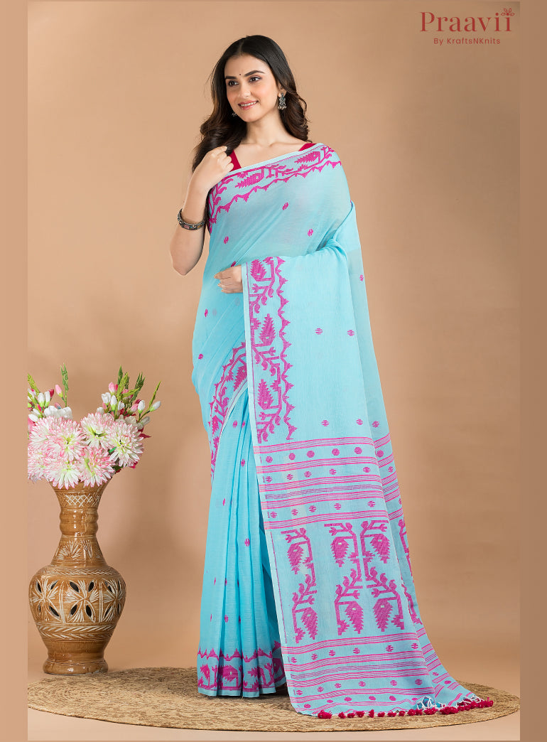 Blue and Pink Soft Cotton Jamdani Saree