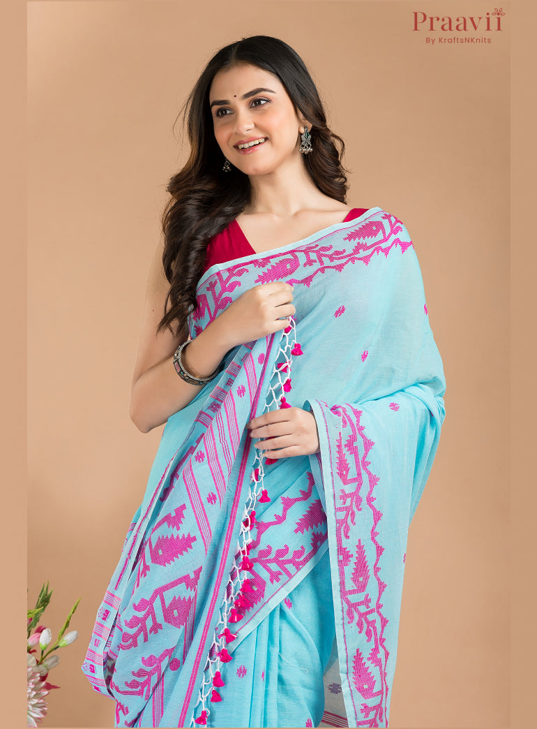 Blue and Pink Soft Cotton Jamdani Saree