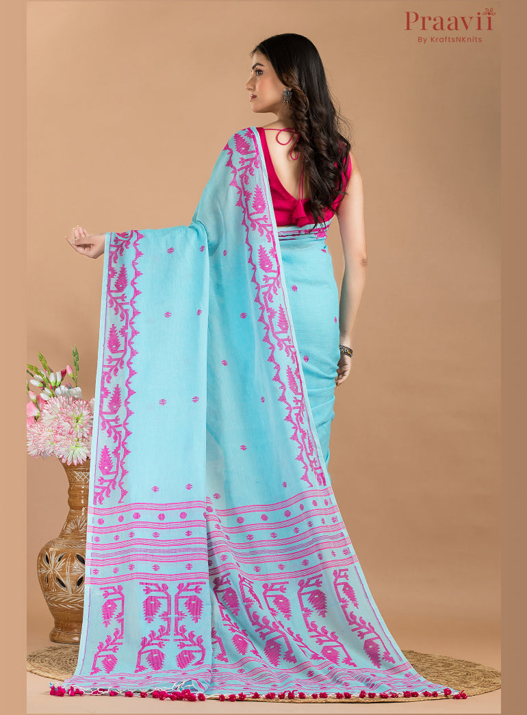 Blue and Pink Soft Cotton Jamdani Saree