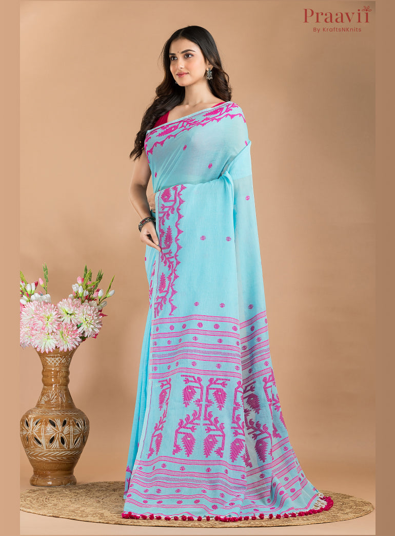 Blue and Pink Soft Cotton Jamdani Saree